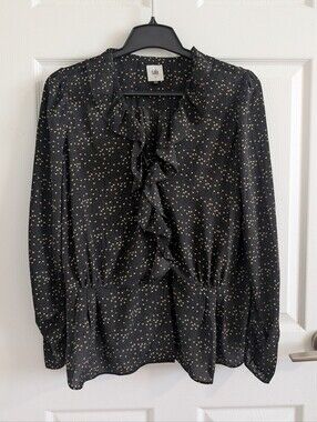 Cabi Eros Blouse Black Heart Print Ruffle Long Sleeve Blouse  Feminine Chic - M